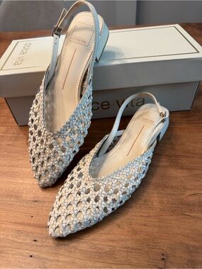 Woven  Leather Slingback Low Block Heel - Cream